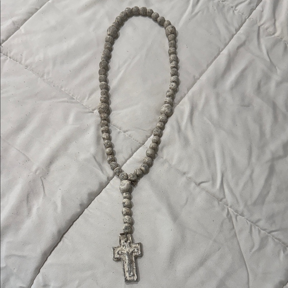 Gray Beaded Rosary Necklace with Cross Pendant